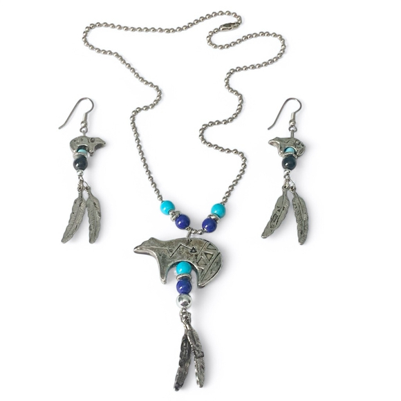 Native American Necklace & Earring Set Silver Bear Feathers Turquoise Blue Beads - Picture 6 of 6